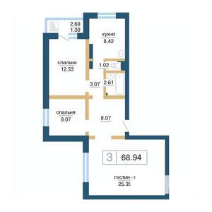 3-к квартира, строящийся дом, 70м2, 17/17 этаж