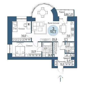 3-к квартира, строящийся дом, 96м2, 16/17 этаж