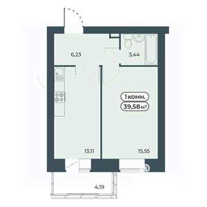 1-к квартира, строящийся дом, 40м2, 1/9 этаж