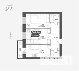 2-к квартира, сданный дом, 60м2, 5/16 этаж