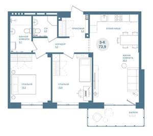 3-к квартира, строящийся дом, 74м2, 3/19 этаж