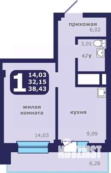 1-к квартира, строящийся дом, 38м2, 17/25 этаж