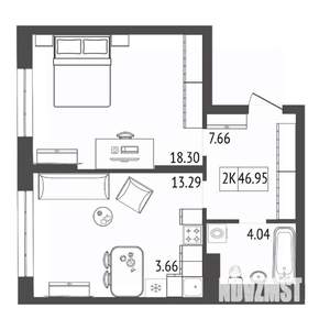 2-к квартира, вторичка, 47м2, 12/17 этаж