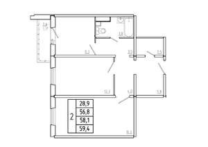 2-к квартира, вторичка, 58м2, 14/17 этаж