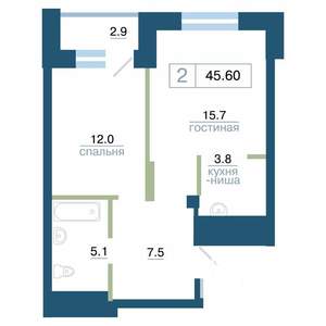 2-к квартира, строящийся дом, 46м2, 3/24 этаж