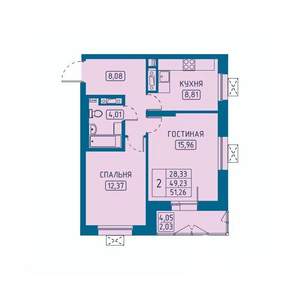 2-к квартира, вторичка, 51м2, 12/20 этаж