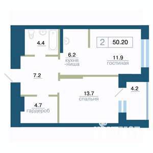2-к квартира, строящийся дом, 50м2, 18/24 этаж