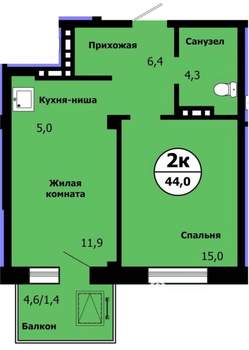 2-к квартира, строящийся дом, 43м2, 4/19 этаж