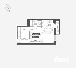 1-к квартира, вторичка, 44м2, 4/17 этаж