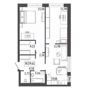 3-к квартира, строящийся дом, 60м2, 13/17 этаж