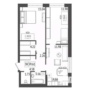 3-к квартира, строящийся дом, 60м2, 11/17 этаж