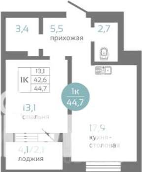 1-к квартира, строящийся дом, 45м2, 6/19 этаж