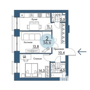 2-к квартира, строящийся дом, 57м2, 2/17 этаж