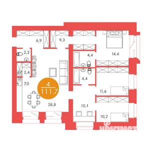 4-к квартира, строящийся дом, 112м2, 2/17 этаж