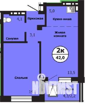 2-к квартира, строящийся дом, 42м2, 9/19 этаж