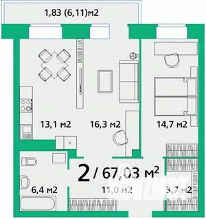 2-к квартира, вторичка, 67м2, 4/9 этаж