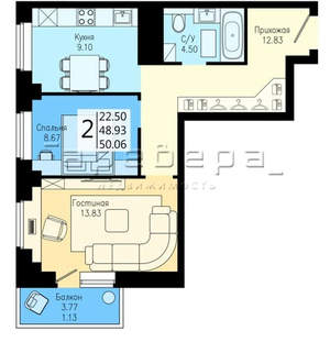 2-к квартира, вторичка, 50м2, 21/25 этаж