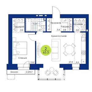 2-к квартира, вторичка, 66м2, 7/17 этаж