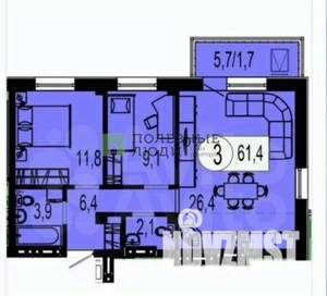 3-к квартира, вторичка, 61м2, 7/19 этаж