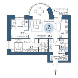 3-к квартира, строящийся дом, 96м2, 14/17 этаж