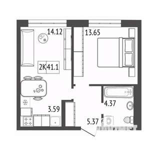 2-к квартира, строящийся дом, 41м2, 13/17 этаж