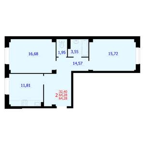 2-к квартира, строящийся дом, 64м2, 1/9 этаж