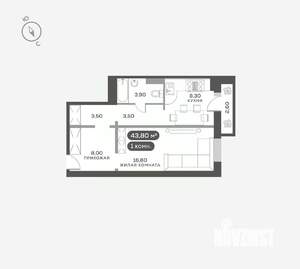 1-к квартира, вторичка, 44м2, 2/17 этаж