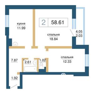 2-к квартира, строящийся дом, 59м2, 16/17 этаж