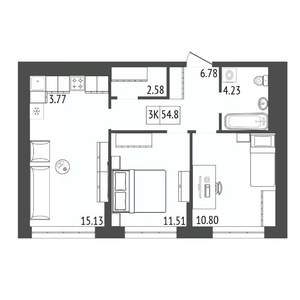 3-к квартира, строящийся дом, 55м2, 10/17 этаж