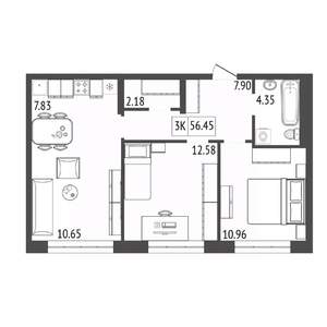 3-к квартира, строящийся дом, 57м2, 5/17 этаж