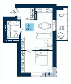 1-к квартира, вторичка, 44м2, 18/19 этаж