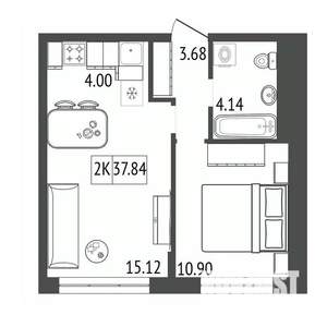 2-к квартира, строящийся дом, 38м2, 13/17 этаж