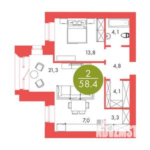2-к квартира, строящийся дом, 58м2, 17/17 этаж
