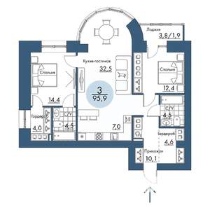 3-к квартира, строящийся дом, 96м2, 16/17 этаж