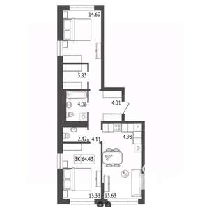 3-к квартира, вторичка, 65м2, 14/17 этаж