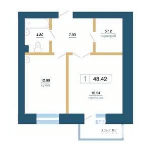 1-к квартира, вторичка, 48м2, 2/7 этаж