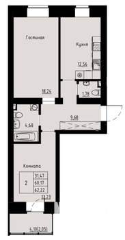 2-к квартира, строящийся дом, 62м2, 4/8 этаж