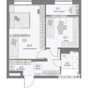 1-к квартира, вторичка, 48м2, 4/24 этаж
