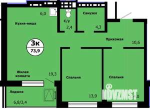 3-к квартира, строящийся дом, 72м2, 11/19 этаж