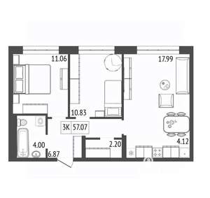 3-к квартира, вторичка, 57м2, 15/17 этаж