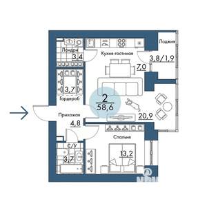2-к квартира, строящийся дом, 59м2, 9/17 этаж