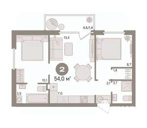 2-к квартира, вторичка, 54м2, 8/17 этаж