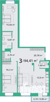 3-к квартира, строящийся дом, 94м2, 2/9 этаж
