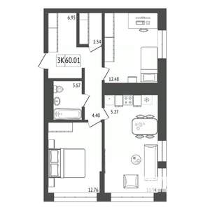 3-к квартира, строящийся дом, 60м2, 2/17 этаж