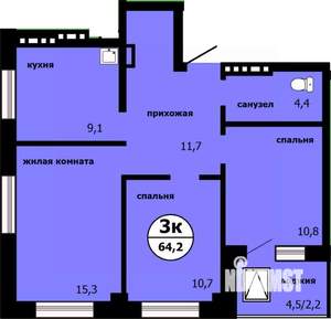 3-к квартира, сданный дом, 63м2, 9/19 этаж