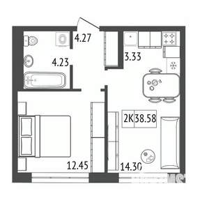 2-к квартира, строящийся дом, 39м2, 12/17 этаж