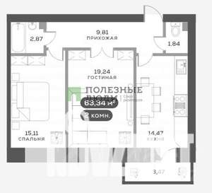 2-к квартира, вторичка, 64м2, 2/16 этаж