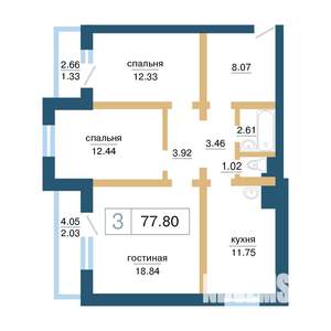 3-к квартира, строящийся дом, 78м2, 15/17 этаж