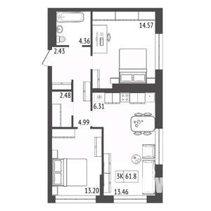 3-к квартира, строящийся дом, 62м2, 12/17 этаж