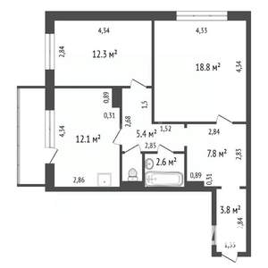 2-к квартира, вторичка, 64м2, 12/16 этаж